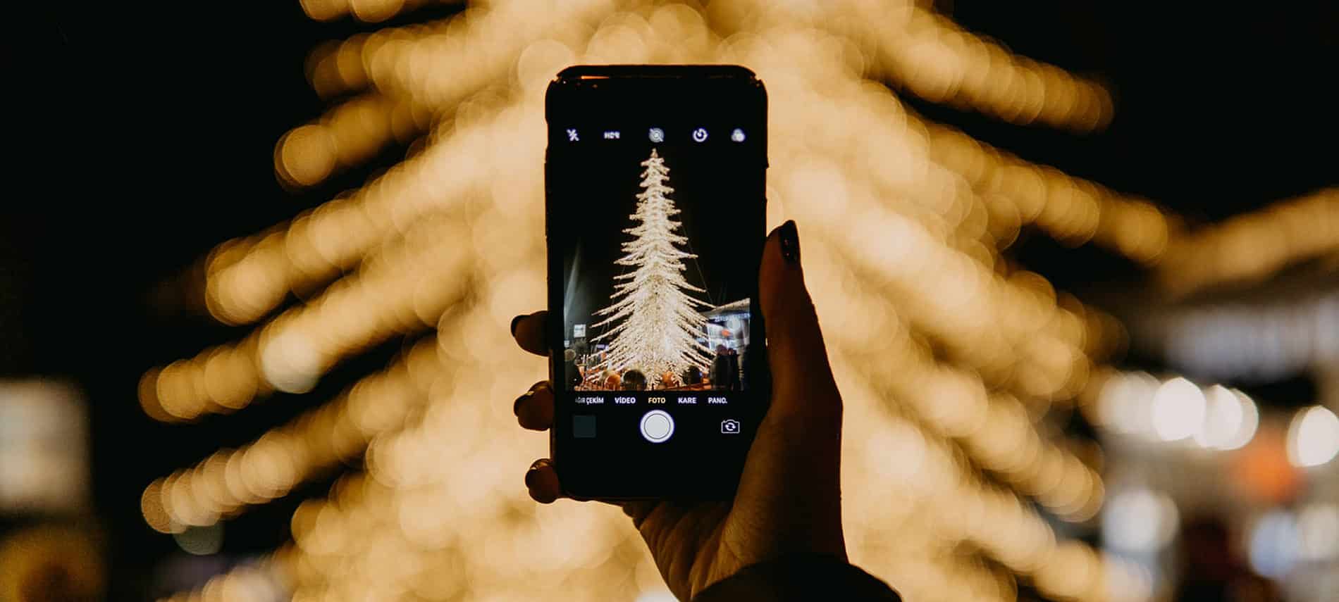 person's arm holding cell phone photographing white holiday lights in tree