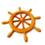 brown wooden ship's wheel with eight spokes on white background